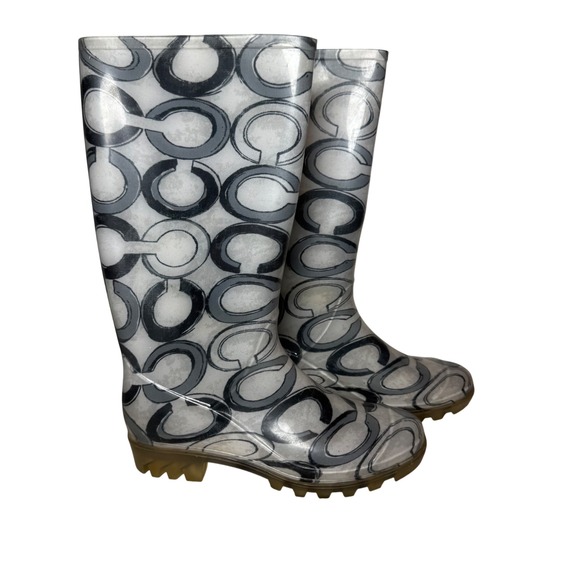 COACH Pixy Printed Op Art Rain Boots Black Gray Designer Waterproof Size 7M - Picture 1 of 7